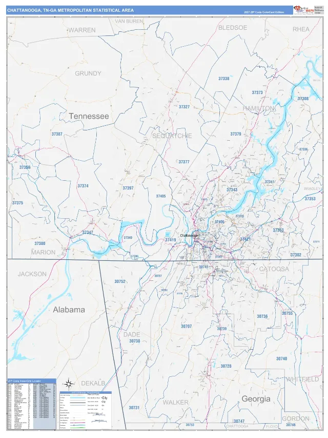 Chattanooga Metro Area ZIP Code Wall Map, ColorCast style