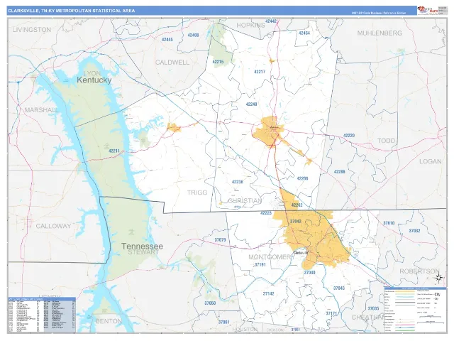 Clarksville Metro Area ZIP Code Wall Map, Business Reference style