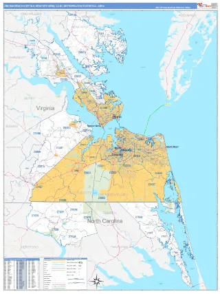 Virginia Beach-Norfolk-Newport News Metro Area Business Reference style ZIP Code wall map