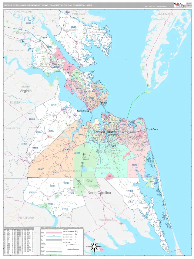 Virginia Beach-Norfolk-Newport News Metro Area ZIP Code Wall Map, Classic style