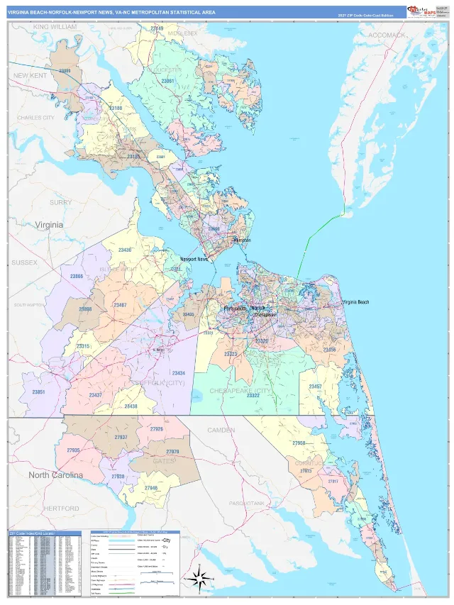 Virginia Beach-Norfolk-Newport News Metro Area ZIP Code Wall Map, ColorCast style