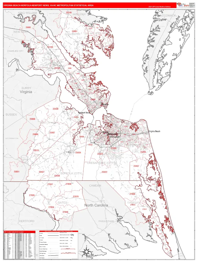 Virginia Beach-Norfolk-Newport News Metro Area ZIP Code Wall Map, RedLine style