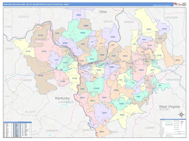 Huntington-Ashland Metro Area ZIP Code Wall Map, ColorCast style