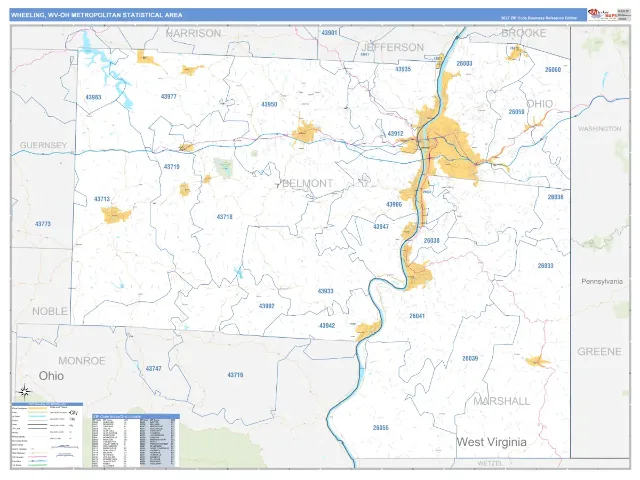 Wheeling Metro Area ZIP Code Wall Map, Business Reference style