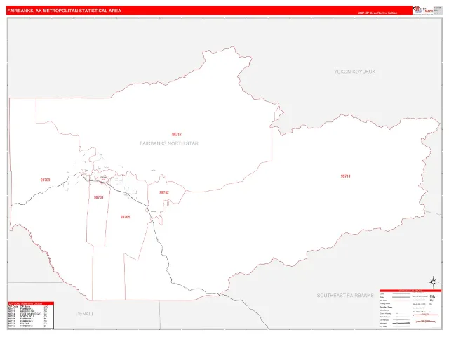 Fairbanks Metro Area ZIP Code Wall Map, RedLine style