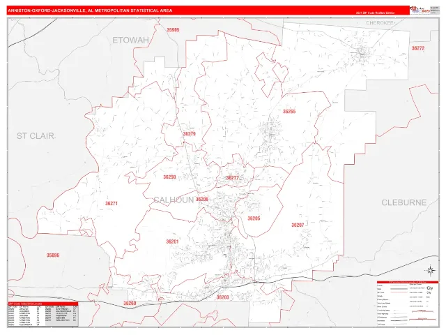 Anniston-Oxford-Jacksonville Metro Area ZIP Code Wall Map, RedLine style