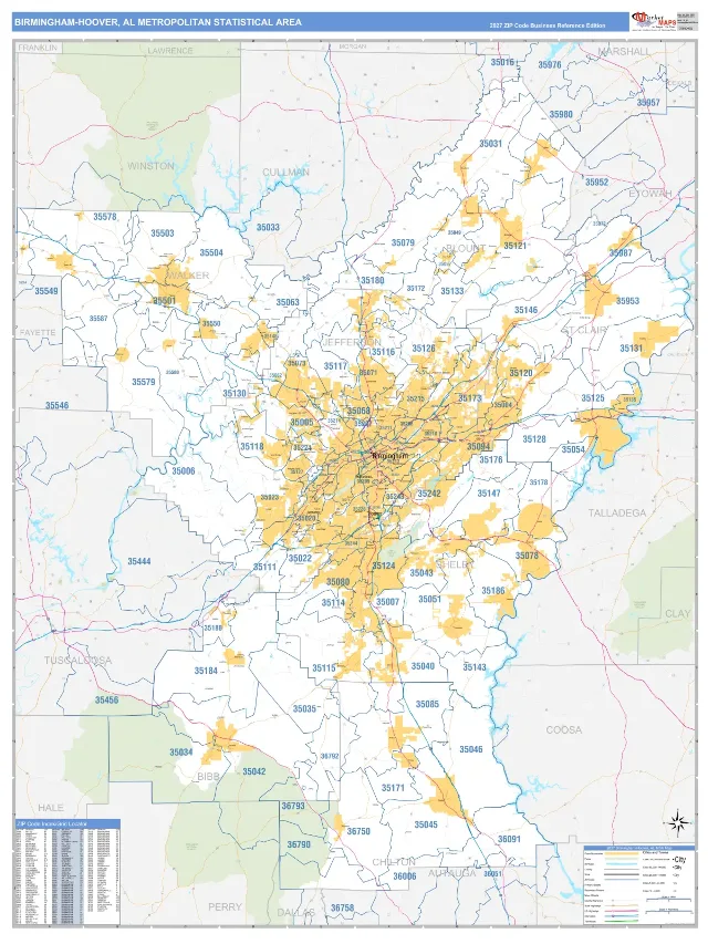 Birmingham-Hoover Metro Area ZIP Code Wall Map, Business Reference style