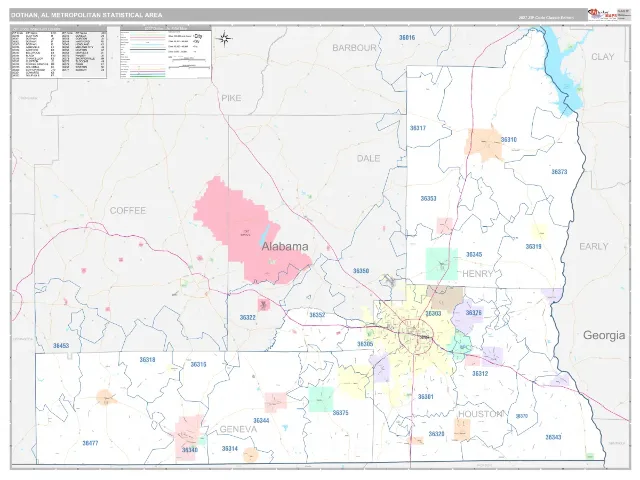 Dothan Metro Area ZIP Code Wall Map, Classic style
