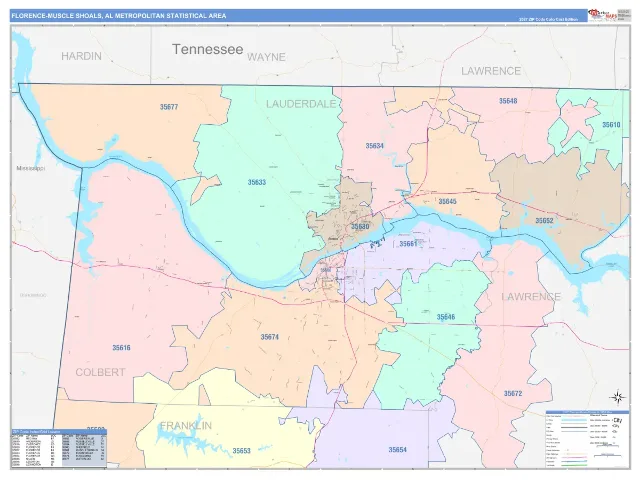 Florence-Muscle Shoals Metro Area ZIP Code Wall Map, ColorCast style