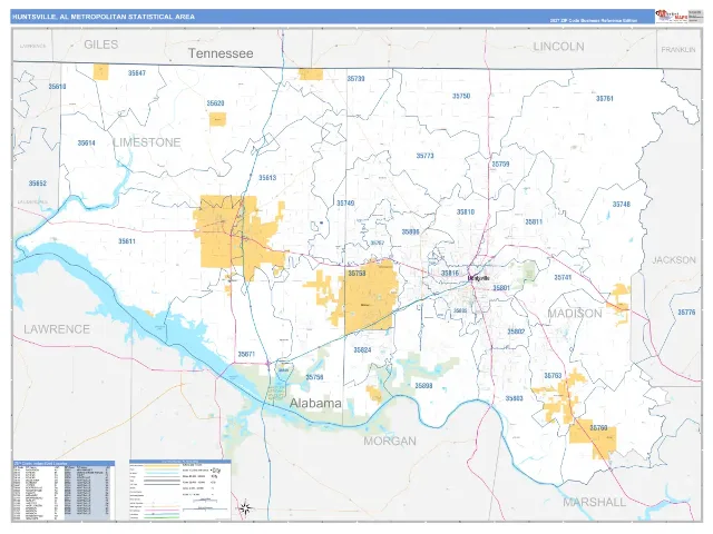 Huntsville Metro Area ZIP Code Wall Map, Business Reference style
