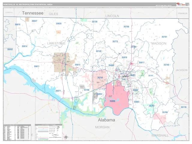 Huntsville Metro Area ZIP Code Wall Map, Classic style