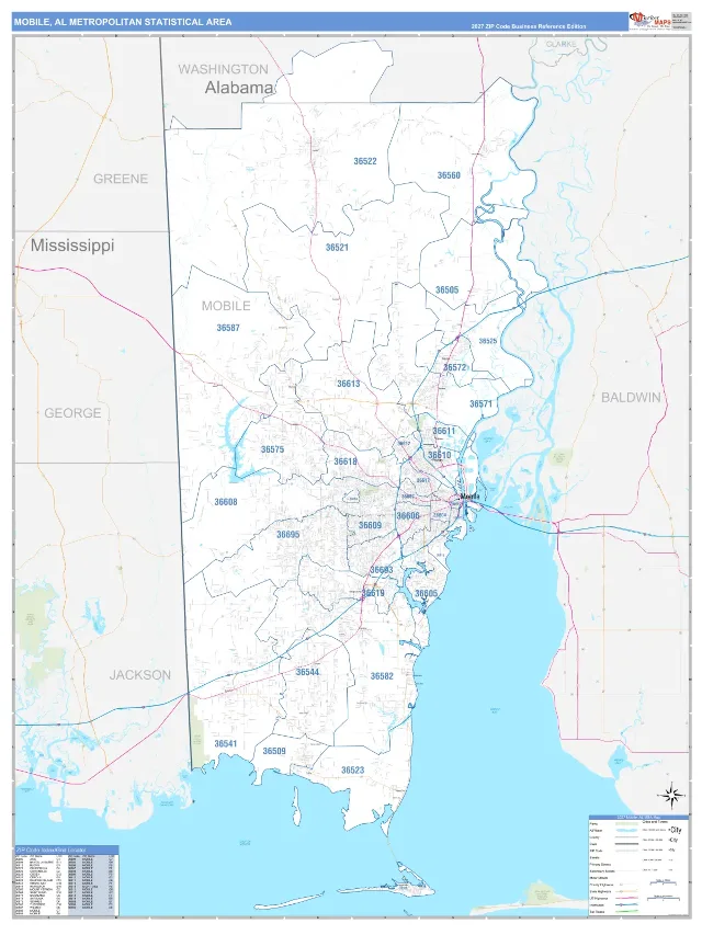 Mobile Metro Area ZIP Code Wall Map, Business Reference style