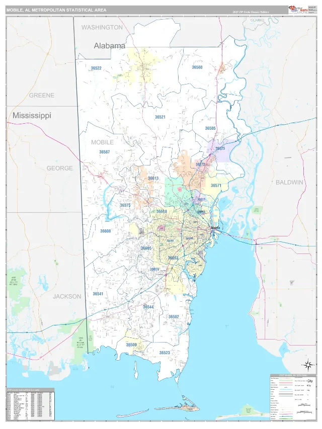 Mobile Metro Area ZIP Code Wall Map, Classic style