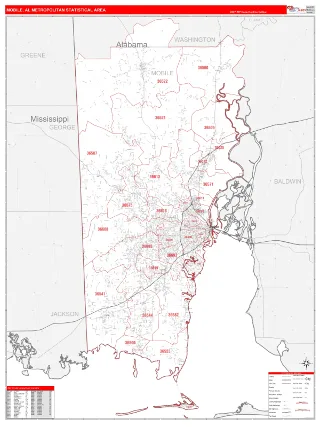 Mobile Metro Area RedLine style ZIP Code wall map