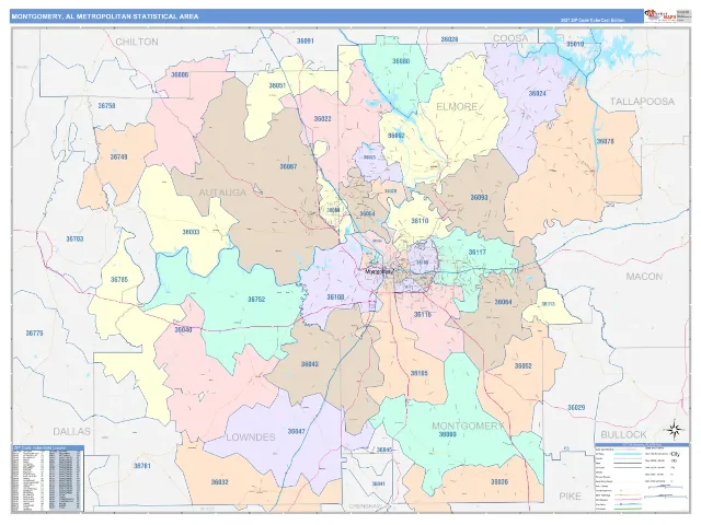 Montgomery Metro Area ZIP Code Wall Map, ColorCast style