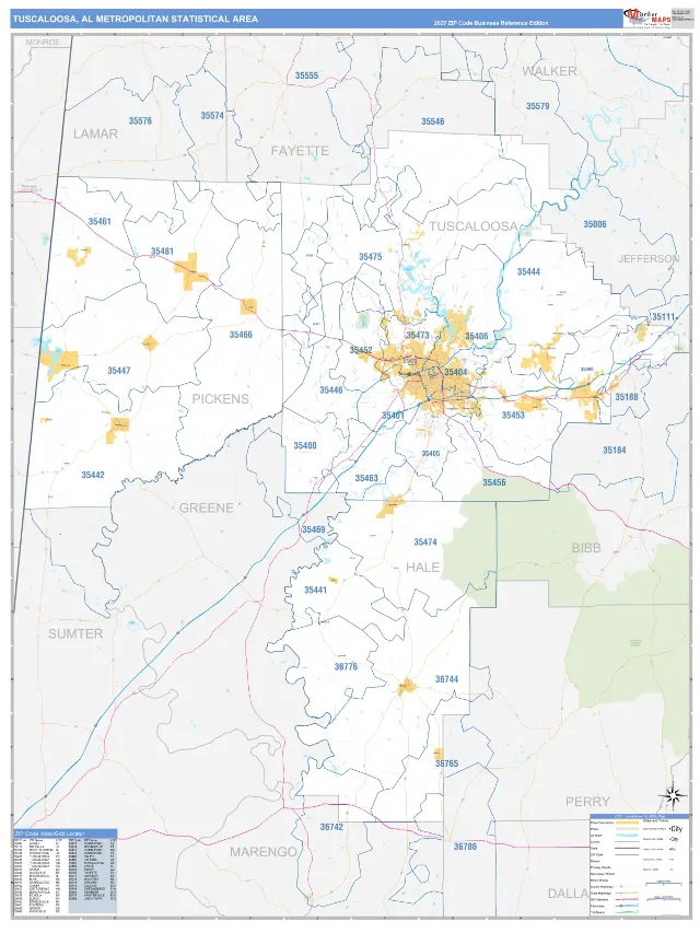 Tuscaloosa Metro Area ZIP Code Wall Map, Business Reference style