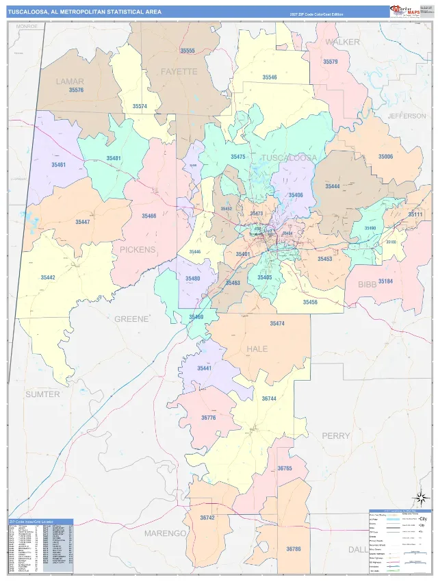 Tuscaloosa Metro Area ZIP Code Wall Map, ColorCast style