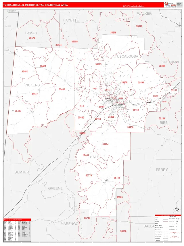 Tuscaloosa Metro Area ZIP Code Wall Map, RedLine style