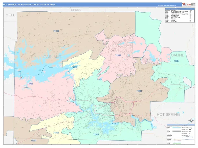 Hot Springs Metro Area ZIP Code Wall Map, ColorCast style