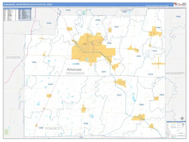 Jonesboro Metro Area ZIP Code Wall Map, Business Reference style