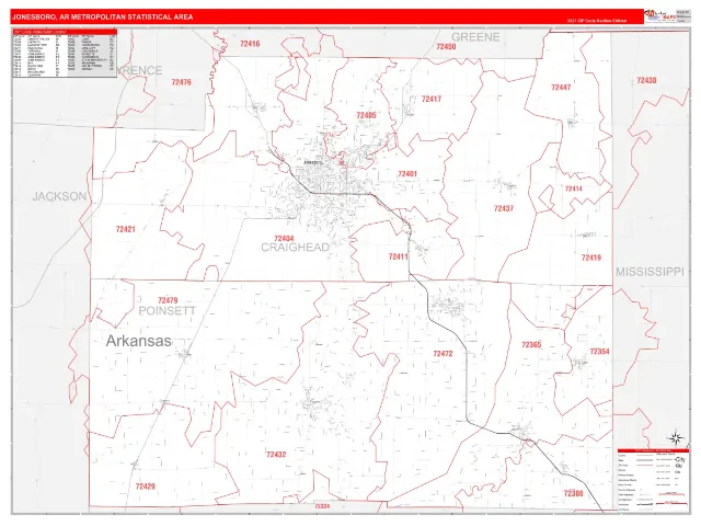 Jonesboro Metro Area ZIP Code Wall Map, RedLine style