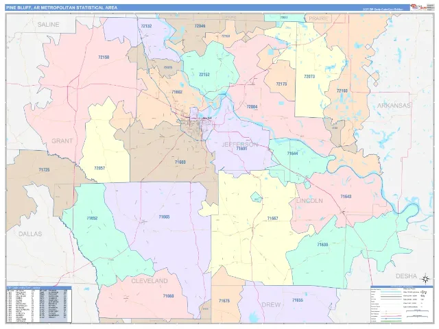 Pine Bluff Metro Area ZIP Code Wall Map, ColorCast style