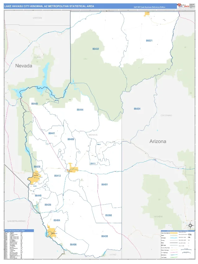 Lake Havasu City-Kingman Metro Area ZIP Code Wall Map, Business Reference style