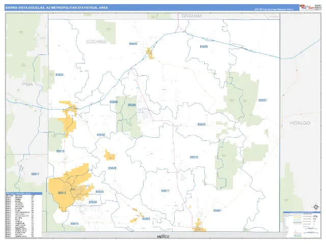 Sierra Vista-Douglas Metro Area ZIP Code Wall Map, Business Reference style