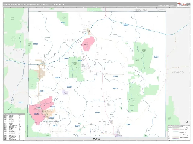 Sierra Vista-Douglas Metro Area ZIP Code Wall Map, Classic style
