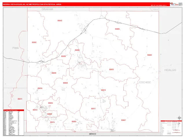 Sierra Vista-Douglas Metro Area ZIP Code Wall Map, RedLine style
