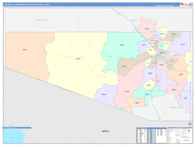 Tucson Metro Area ZIP Code Wall Map, ColorCast style