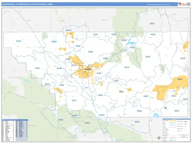 Bakersfield Metro Area ZIP Code Wall Map, Business Reference style