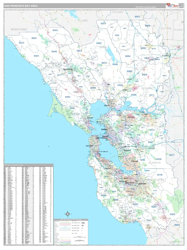 Bay Area Metro Area ZIP Code Wall Map, Classic style