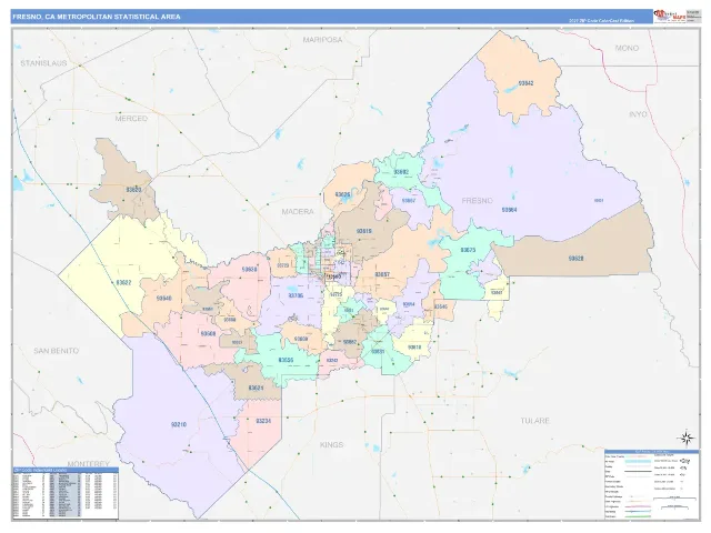 Fresno Metro Area ZIP Code Wall Map, ColorCast style