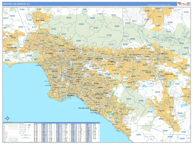 Greater Los Angeles Metro Area ZIP Code Wall Map, Business Reference style