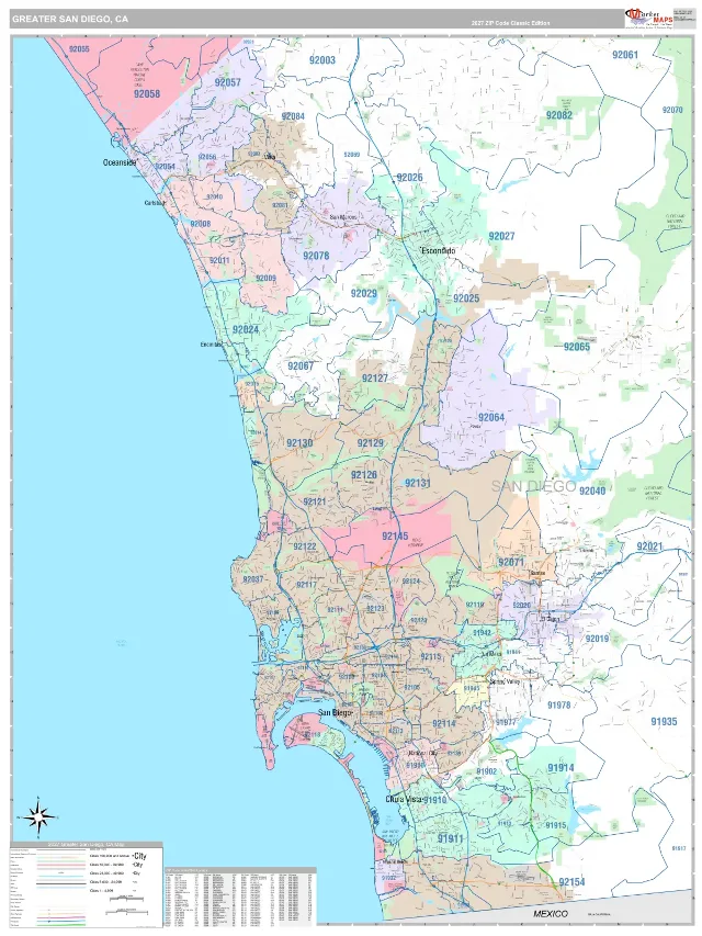 Greater San Diego Metro Area ZIP Code Wall Map, Classic style