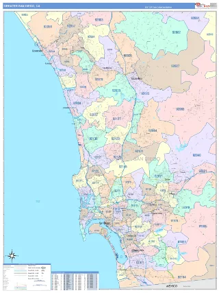 Greater San Diego Metro Area ColorCast style ZIP Code wall map