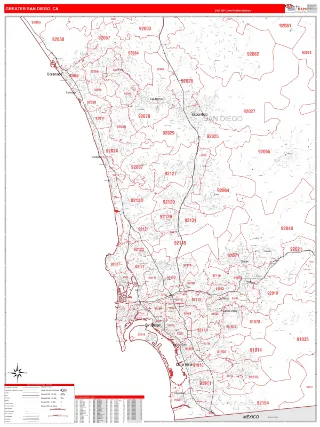 Greater San Diego Metro Area RedLine style ZIP Code wall map