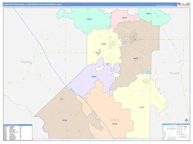 Hanford-Corcoran Metro Area ZIP Code Wall Map, ColorCast style