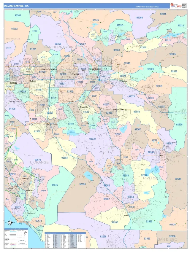 Inland Empire Metro Area ZIP Code Wall Map, ColorCast style