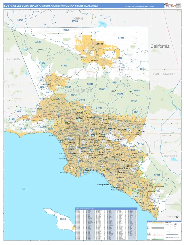 Los Angeles-Long Beach-Anaheim Metro Area ZIP Code Wall Map, Business Reference style