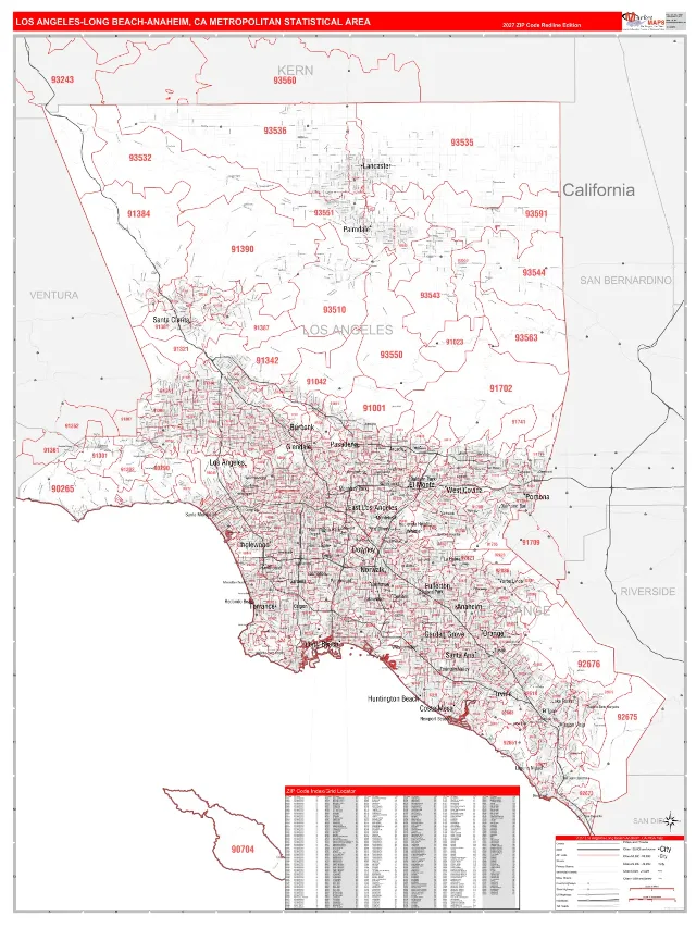 Los Angeles-Long Beach-Anaheim Metro Area ZIP Code Wall Map, RedLine style