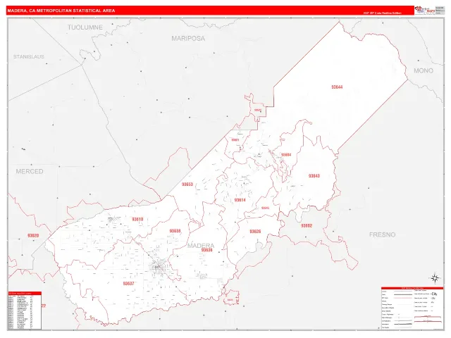 Madera Metro Area ZIP Code Wall Map, RedLine style