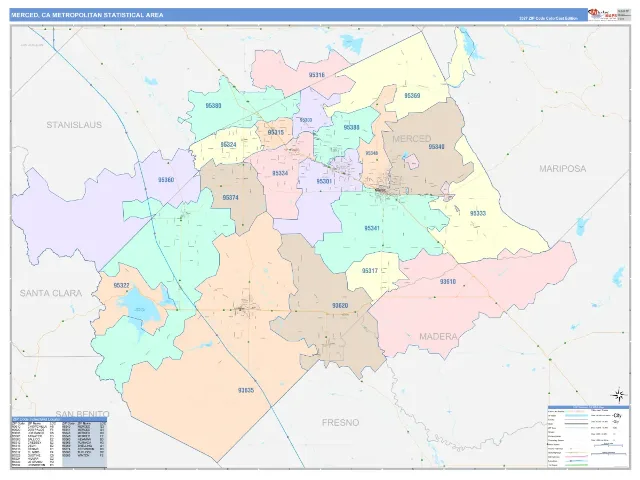 Merced Metro Area ZIP Code Wall Map, ColorCast style