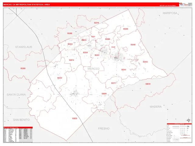 Merced Metro Area ZIP Code Wall Map, RedLine style