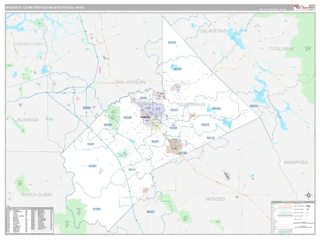 Modesto Metro Area ZIP Code Wall Map, Classic style