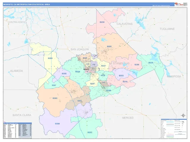 Modesto Metro Area ZIP Code Wall Map, ColorCast style