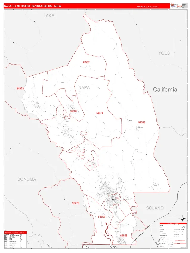 Napa Metro Area ZIP Code Wall Map, RedLine style