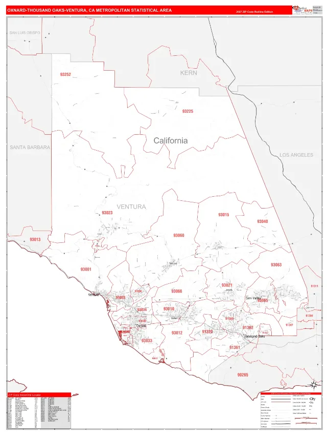 Oxnard-Thousand Oaks-Ventura Metro Area ZIP Code Wall Map, RedLine style