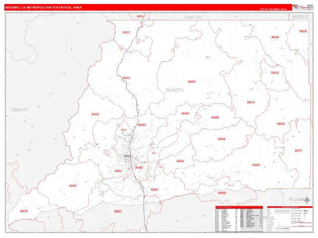 Redding Metro Area ZIP Code Wall Map, RedLine style